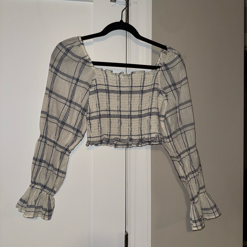 Zara Cream and Navy Plaid Smocked Off-Shoulder Crop Top
